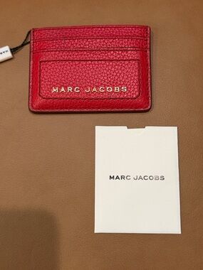 Marc Jacobs Red Pebbled Leather Card Holder with Gold Logo